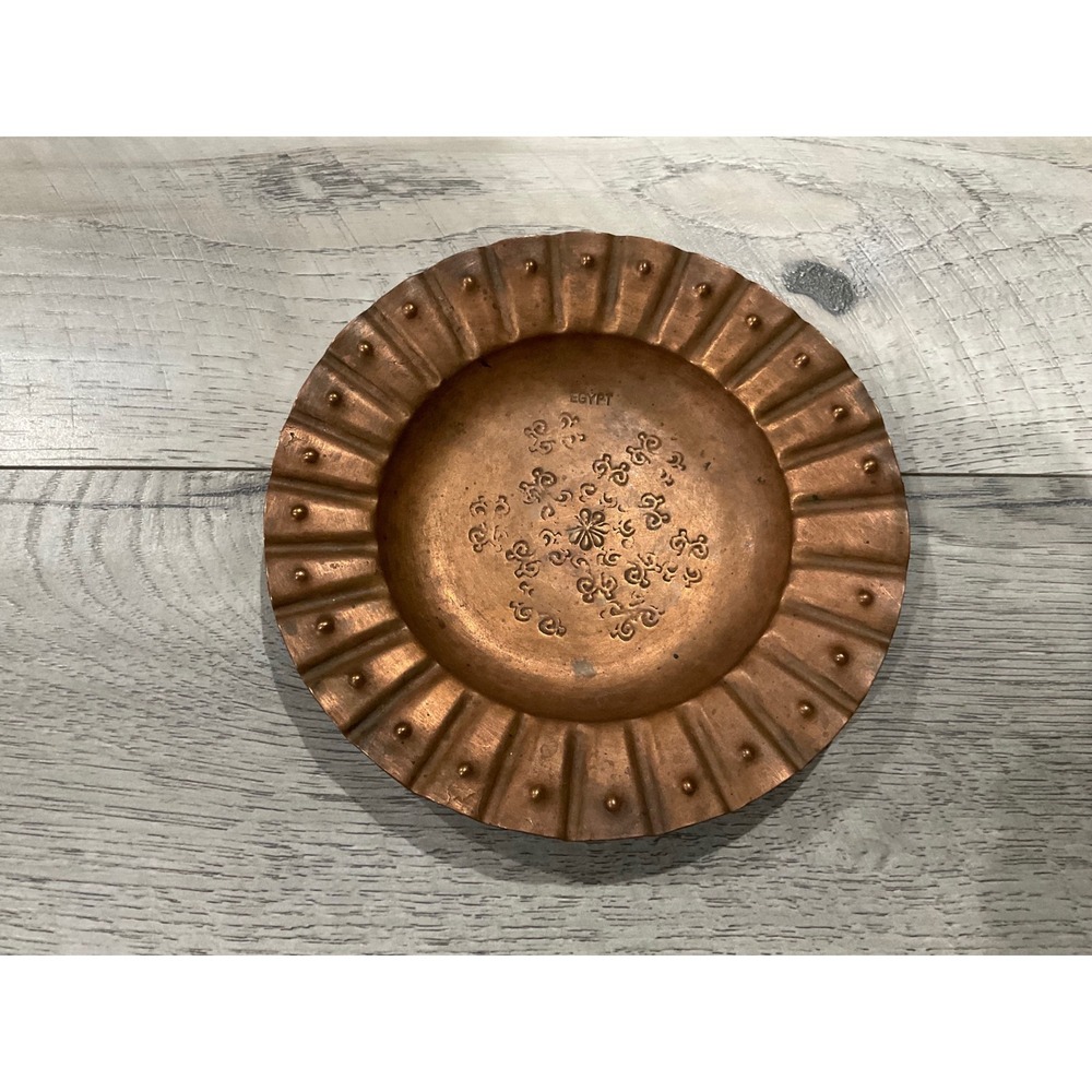 Vintage Egyptian Hand Hammered Copper Dish Fluted Studded Rim Decorative Ashtray